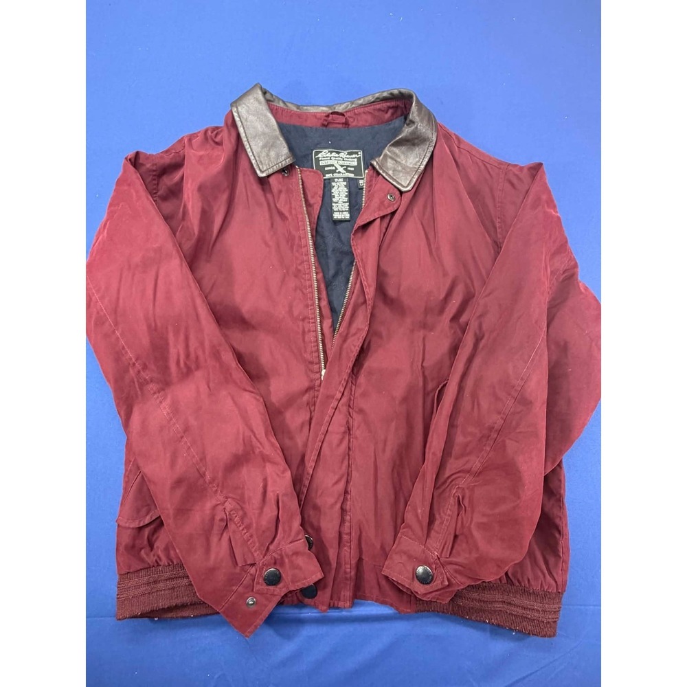 Vintage Eddie‎ Bauer Quilted Barn Jacket Acrylic Trim Leather Collar Red LG